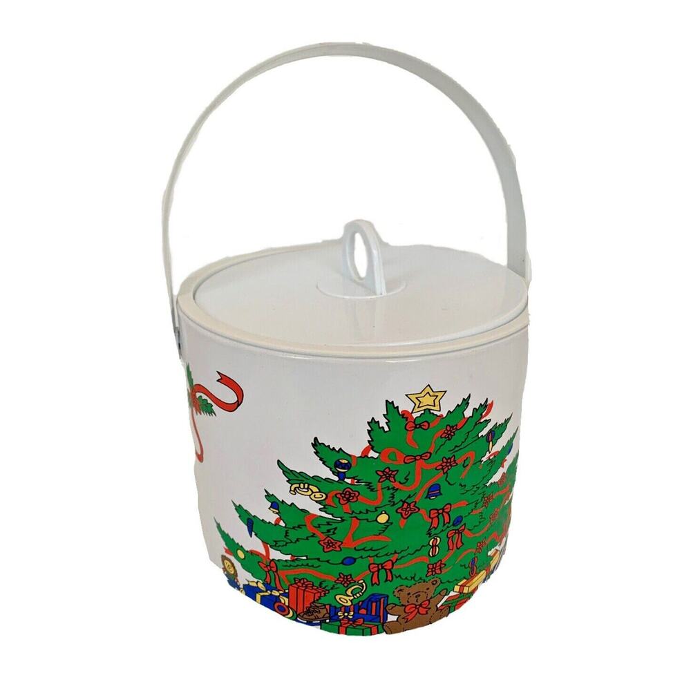 Vintage Christmas Ice Bucket and Tongs White Plastic Holiday Tree Swing Handle